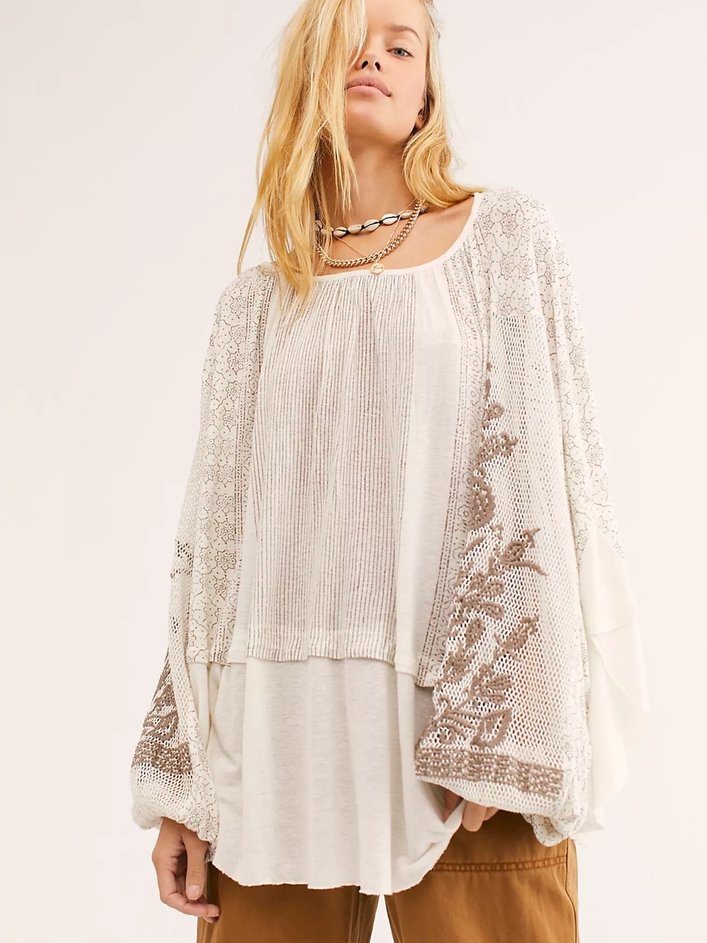 Free People Indigo Dreams Tunic Ivory & Grey Embroidered Dolman Sleeve Boho XS